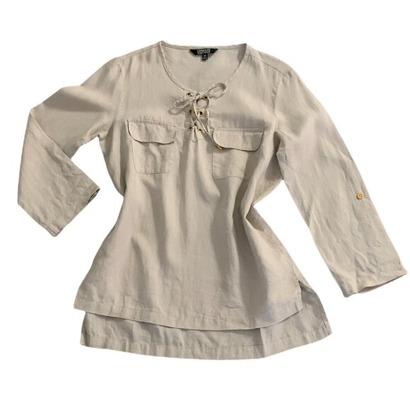 Ellen Tracy Company Linen Tunic Top Womens Sz M Lace Up Sandstone Beige 187K - Picture 1 of 9